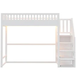 Lit mezzanine 90x200 cm avec échelle de sécurité - avec barrières de sécurité - lumières LED - blanc (sans matelas)