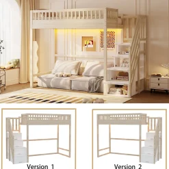 Lit mezzanine 90x200 cm avec échelle de sécurité - avec barrières de sécurité - lumières LED - naturel(sans matelas)