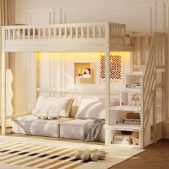 Lit mezzanine 90x200 cm avec échelle de sécurité - avec barrières de sécurité - lumières LED - naturel(sans matelas)