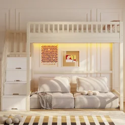 Lit mezzanine 90x200 cm avec échelle de sécurité - avec barrières de sécurité - lumières LED - naturel(sans matelas)