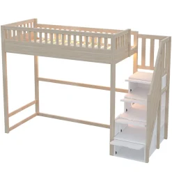 Lit mezzanine 90x200 cm avec échelle de sécurité - avec barrières de sécurité - lumières LED - naturel(sans matelas)