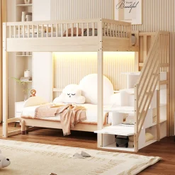 Lit mezzanine 140x200 cm avec échelle de sécurité - avec barrières de sécurité - lumières LED - naturel(sans matelas)