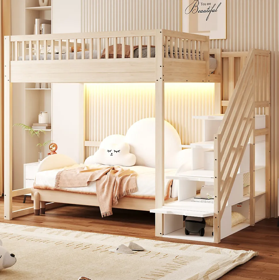 Lit mezzanine 140x200 cm avec échelle de sécurité - avec barrières de sécurité - lumières LED - naturel(sans matelas)