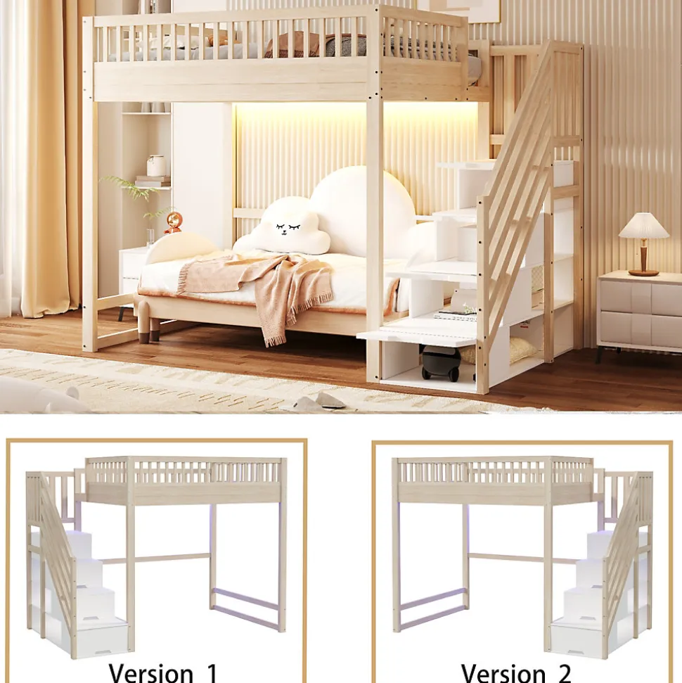 Lit mezzanine 140x200 cm avec échelle de sécurité - avec barrières de sécurité - lumières LED - naturel(sans matelas)