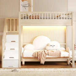 Lit mezzanine 140x200 cm avec échelle de sécurité - avec barrières de sécurité - lumières LED - naturel(sans matelas)