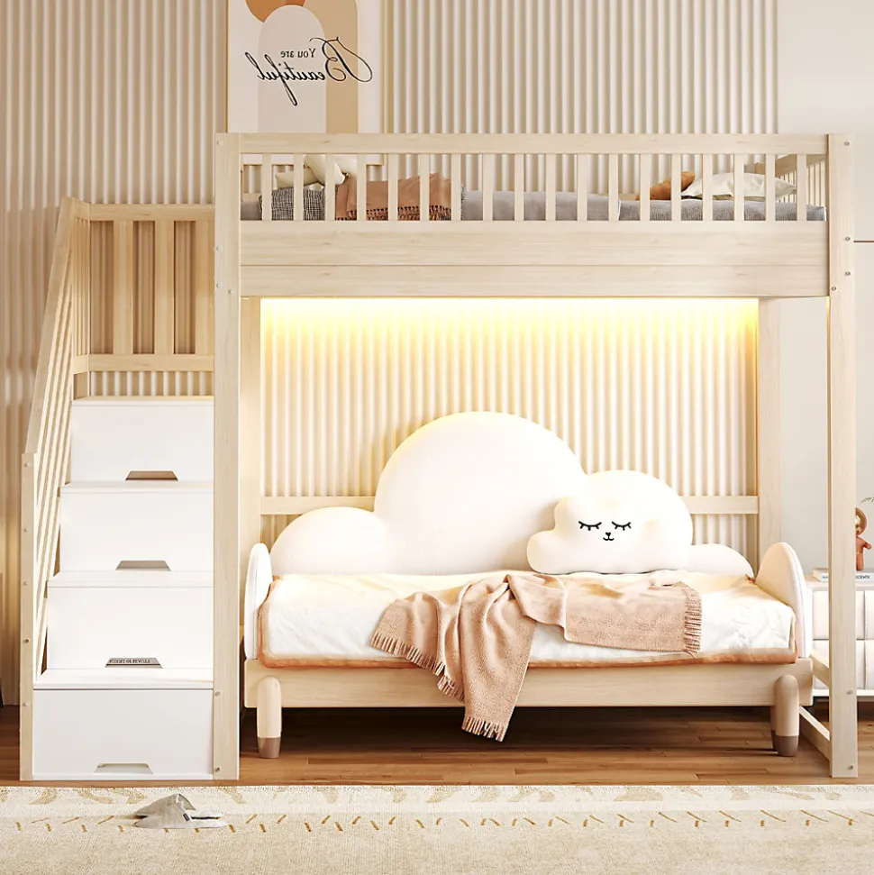 Lit mezzanine 140x200 cm avec échelle de sécurité - avec barrières de sécurité - lumières LED - naturel(sans matelas)