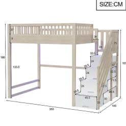 Lit mezzanine 140x200 cm avec échelle de sécurité - avec barrières de sécurité - lumières LED - naturel(sans matelas)