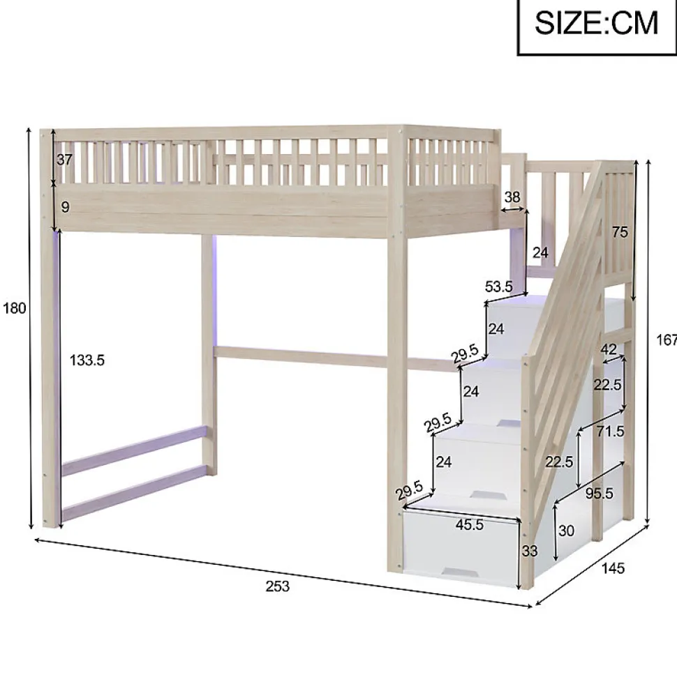 Lit mezzanine 140x200 cm avec échelle de sécurité - avec barrières de sécurité - lumières LED - naturel(sans matelas)