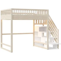 Lit mezzanine 140x200 cm avec échelle de sécurité - avec barrières de sécurité - lumières LED - naturel(sans matelas)