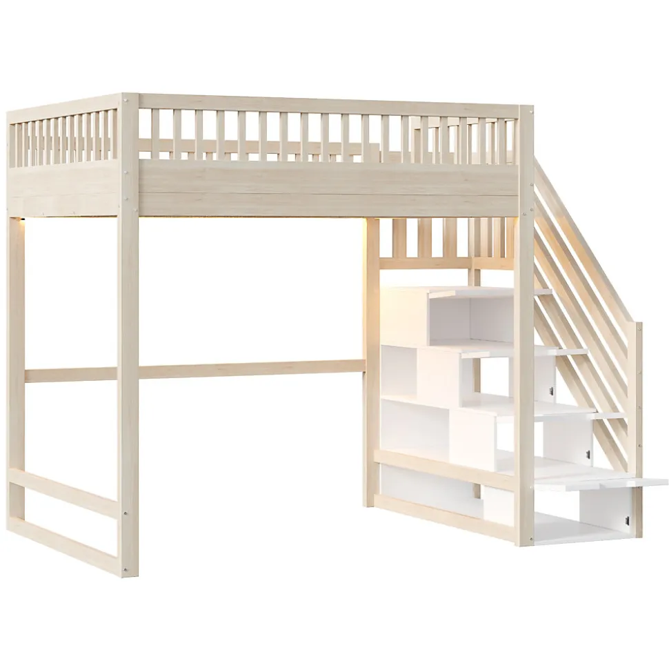 Lit mezzanine 140x200 cm avec échelle de sécurité - avec barrières de sécurité - lumières LED - naturel(sans matelas)