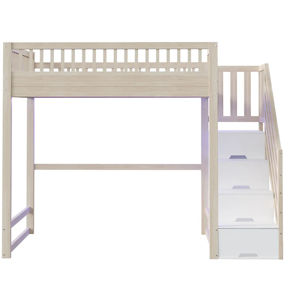 Lit mezzanine 140x200 cm avec échelle de sécurité - avec barrières de sécurité - lumières LED - naturel(sans matelas)