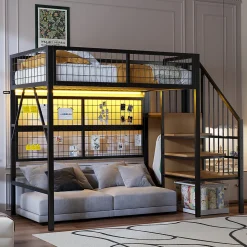 Lit mezzanine 90x200 cm avec échelle à rangements et bande LED pilotable, structure métal noir