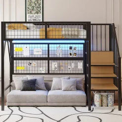 Lit mezzanine 90x200 cm avec échelle à rangements et bande LED pilotable, structure métal noir