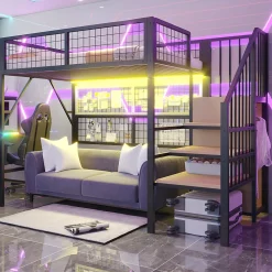 Lit mezzanine 90x200 cm avec échelle à rangements et bande LED pilotable, structure métal noir