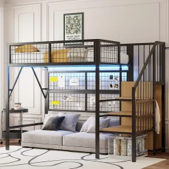 Lit mezzanine 90x200 cm avec échelle à rangements et bande LED pilotable, structure métal noir