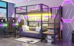 Lit mezzanine 90x200 cm avec échelle à rangements et bande LED pilotable, structure métal noir