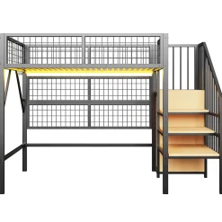 Lit mezzanine 90x200 cm avec échelle à rangements et bande LED pilotable, structure métal noir