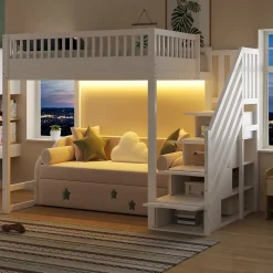 Lit mezzanine 140x200 cm avec échelle de sécurité - avec barrières de sécurité - lumières LED - blanc (sans matelas)