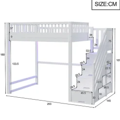 Lit mezzanine 140x200 cm avec échelle de sécurité - avec barrières de sécurité - lumières LED - blanc (sans matelas)