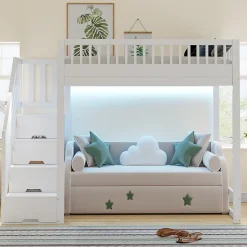 Lit mezzanine 140x200 cm avec échelle de sécurité - avec barrières de sécurité - lumières LED - blanc (sans matelas)