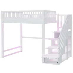 Lit mezzanine 140x200 cm avec échelle de sécurité - avec barrières de sécurité - lumières LED - blanc (sans matelas)