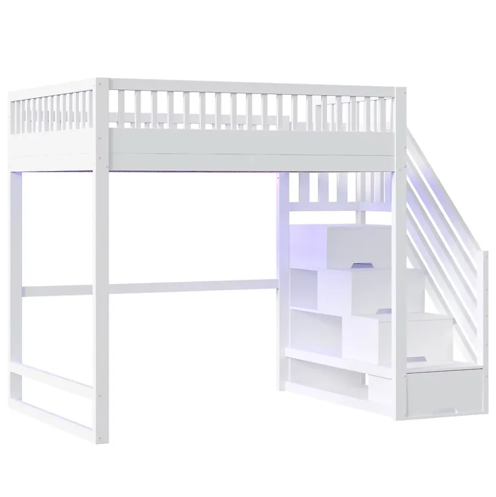 Lit mezzanine 140x200 cm avec échelle de sécurité - avec barrières de sécurité - lumières LED - blanc (sans matelas)