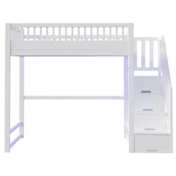 Lit mezzanine 140x200 cm avec échelle de sécurité - avec barrières de sécurité - lumières LED - blanc (sans matelas)