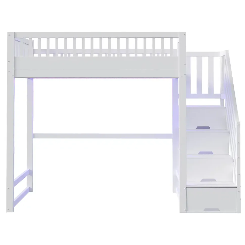 Lit mezzanine 140x200 cm avec échelle de sécurité - avec barrières de sécurité - lumières LED - blanc (sans matelas)