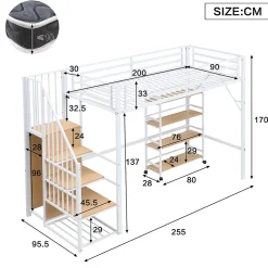 Lit mezzanine 90x200 cm avec escalier de rangement et étagères intégrées - métal et MDF - blanc + naturel - sans matelas