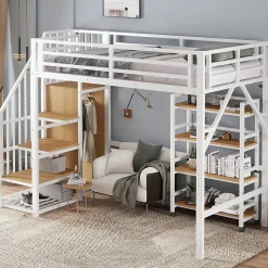 Lit mezzanine 90x200 cm avec escalier de rangement et étagères intégrées - métal et MDF - blanc + naturel - sans matelas