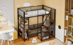 Lit mezzanine 90x200 cm avec escalier coffre et grand espace sous le lit, structure métal/bois