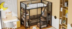 Lit mezzanine 90x200 cm avec escalier coffre et grand espace sous le lit, structure métal/bois