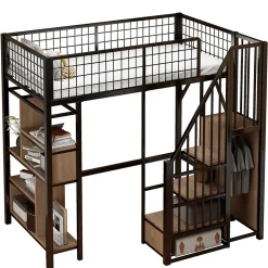 Lit mezzanine 90x200 cm avec escalier coffre et grand espace sous le lit, structure métal/bois