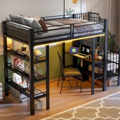 Lit mezzanine 90x200 cm avec LED et prise électrique - avec compartiments de rangement - avec étagère - noir (matelas non inclus)