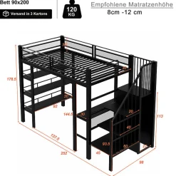 Lit mezzanine 90x200 cm avec LED et prise électrique - avec compartiments de rangement - avec étagère - noir (matelas non inclus)