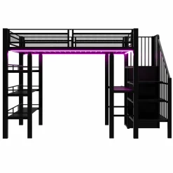 Lit mezzanine 90x200 cm avec LED et prise électrique - avec compartiments de rangement - avec étagère - noir (matelas non inclus)