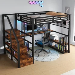 Lit mezzanine 140x200 cm avec LED - avec penderie et bureau - 2 ports USB + 1 port Type-C - noir (matelas non inclus)