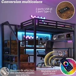 Lit mezzanine 140x200 cm avec LED - avec penderie et bureau - 2 ports USB + 1 port Type-C - noir (matelas non inclus)