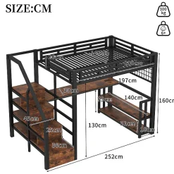 Lit mezzanine 140x200 cm avec LED - avec penderie et bureau - 2 ports USB + 1 port Type-C - noir (matelas non inclus)