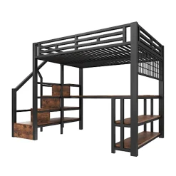 Lit mezzanine 140x200 cm avec LED - avec penderie et bureau - 2 ports USB + 1 port Type-C - noir (matelas non inclus)