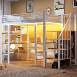 Lit mezzanine 90x200 cm avec LED et prise électrique - avec compartiments de rangement - avec étagère - blanc (matelas non inclus)