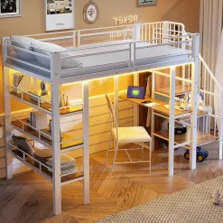 Lit mezzanine 90x200 cm avec LED et prise électrique - avec compartiments de rangement - avec étagère - blanc (matelas non inclus)