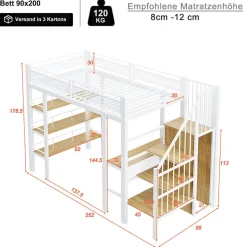 Lit mezzanine 90x200 cm avec LED et prise électrique - avec compartiments de rangement - avec étagère - blanc (matelas non inclus)