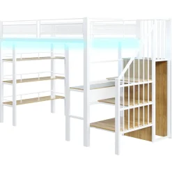 Lit mezzanine 90x200 cm avec LED et prise électrique - avec compartiments de rangement - avec étagère - blanc (matelas non inclus)