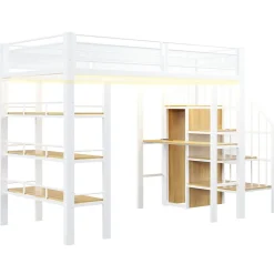 Lit mezzanine 90x200 cm avec LED et prise électrique - avec compartiments de rangement - avec étagère - blanc (matelas non inclus)