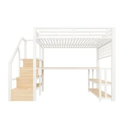 Lit mezzanine 140x200 cm avec LED - avec penderie et bureau - 2 ports USB + 1 port Type-C - blanc (matelas non inclus)