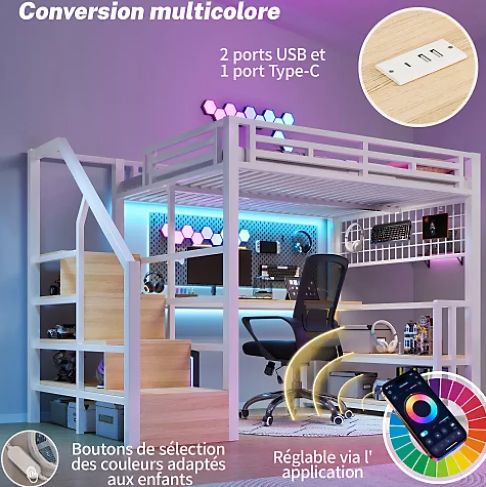Lit mezzanine 140x200 cm avec LED - avec penderie et bureau - 2 ports USB + 1 port Type-C - blanc (matelas non inclus)