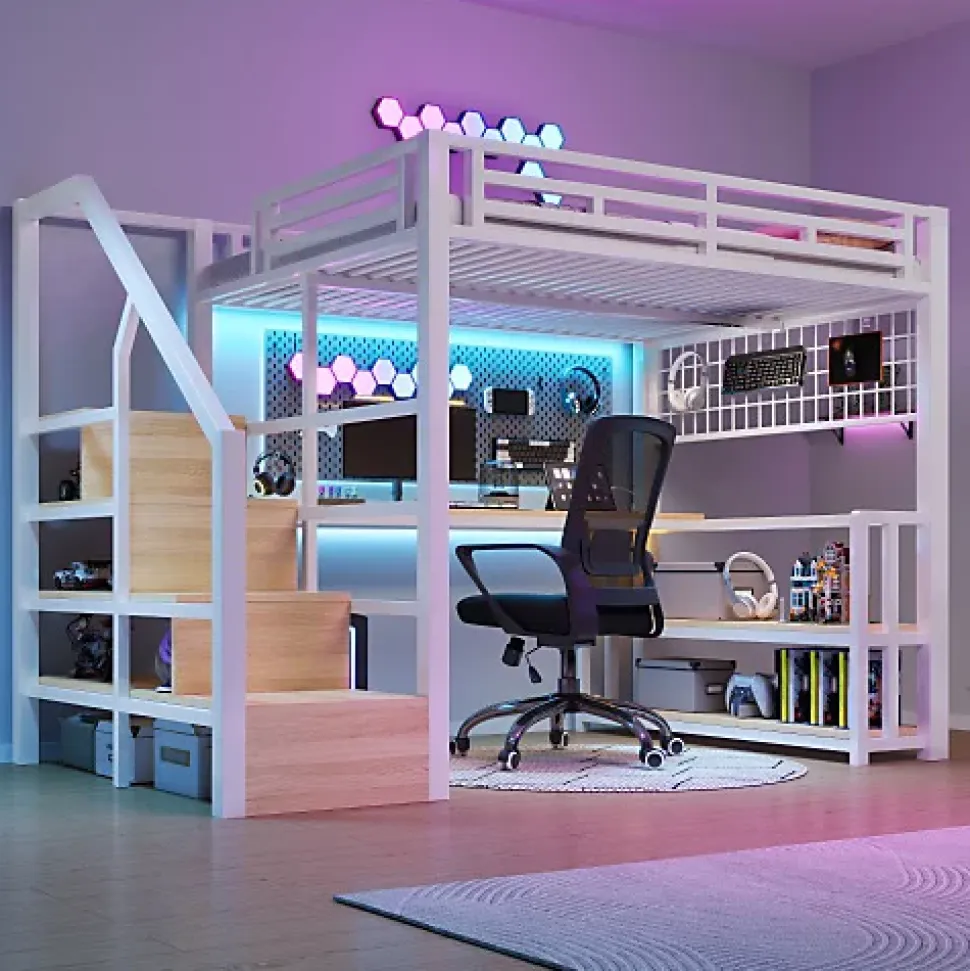 Lit mezzanine 140x200 cm avec LED - avec penderie et bureau - 2 ports USB + 1 port Type-C - blanc (matelas non inclus)
