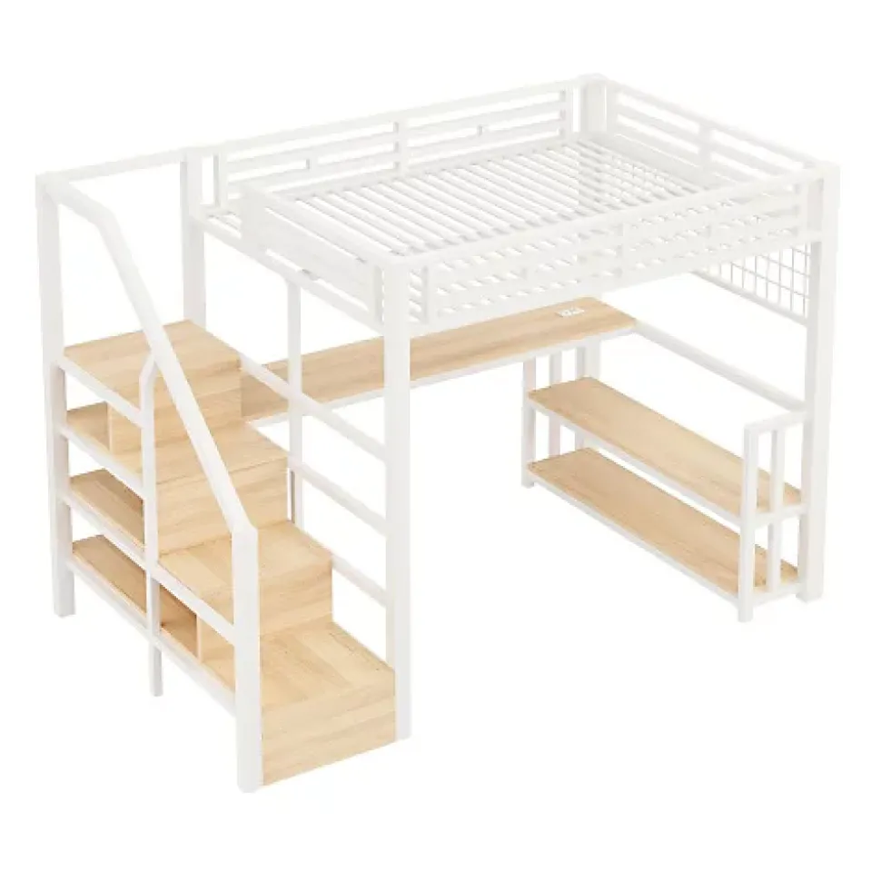 Lit mezzanine 140x200 cm avec LED - avec penderie et bureau - 2 ports USB + 1 port Type-C - blanc (matelas non inclus)