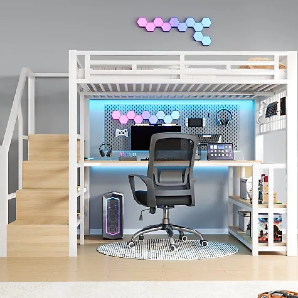 Lit mezzanine 140x200 cm avec LED - avec penderie et bureau - 2 ports USB + 1 port Type-C - blanc (matelas non inclus)